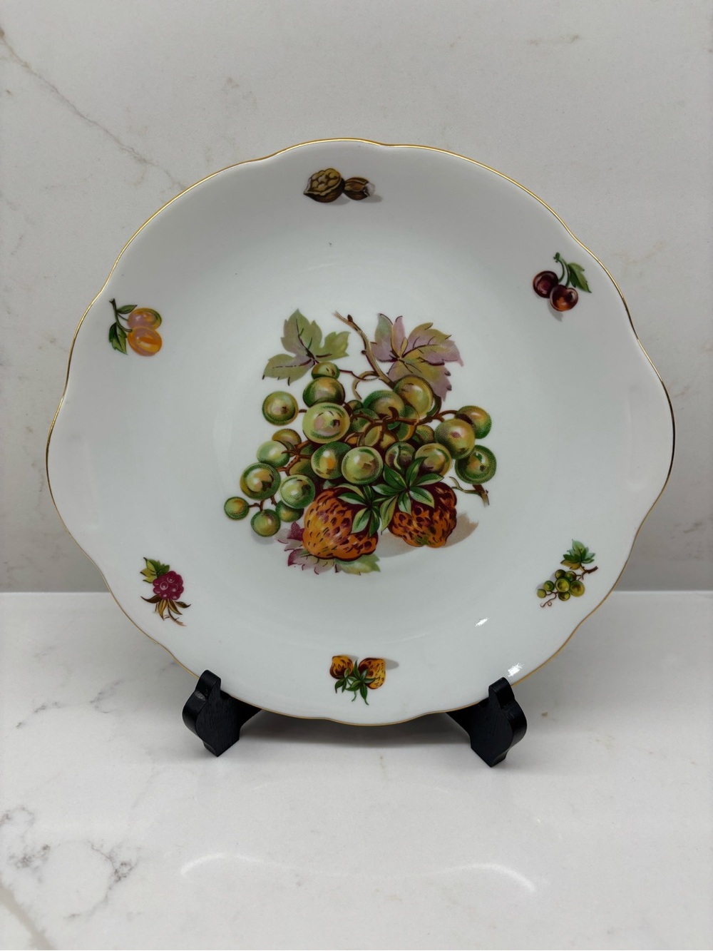 Vintage Bohemia Classic White Porcelain Fruit Motif Serving Plate with Gold Trim